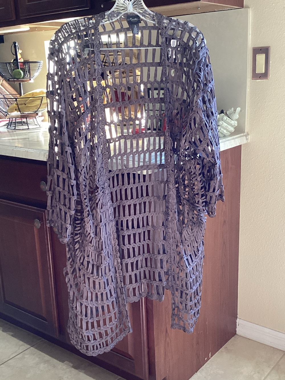 Chico's Open-Weave Crochet Cardigan in Gray